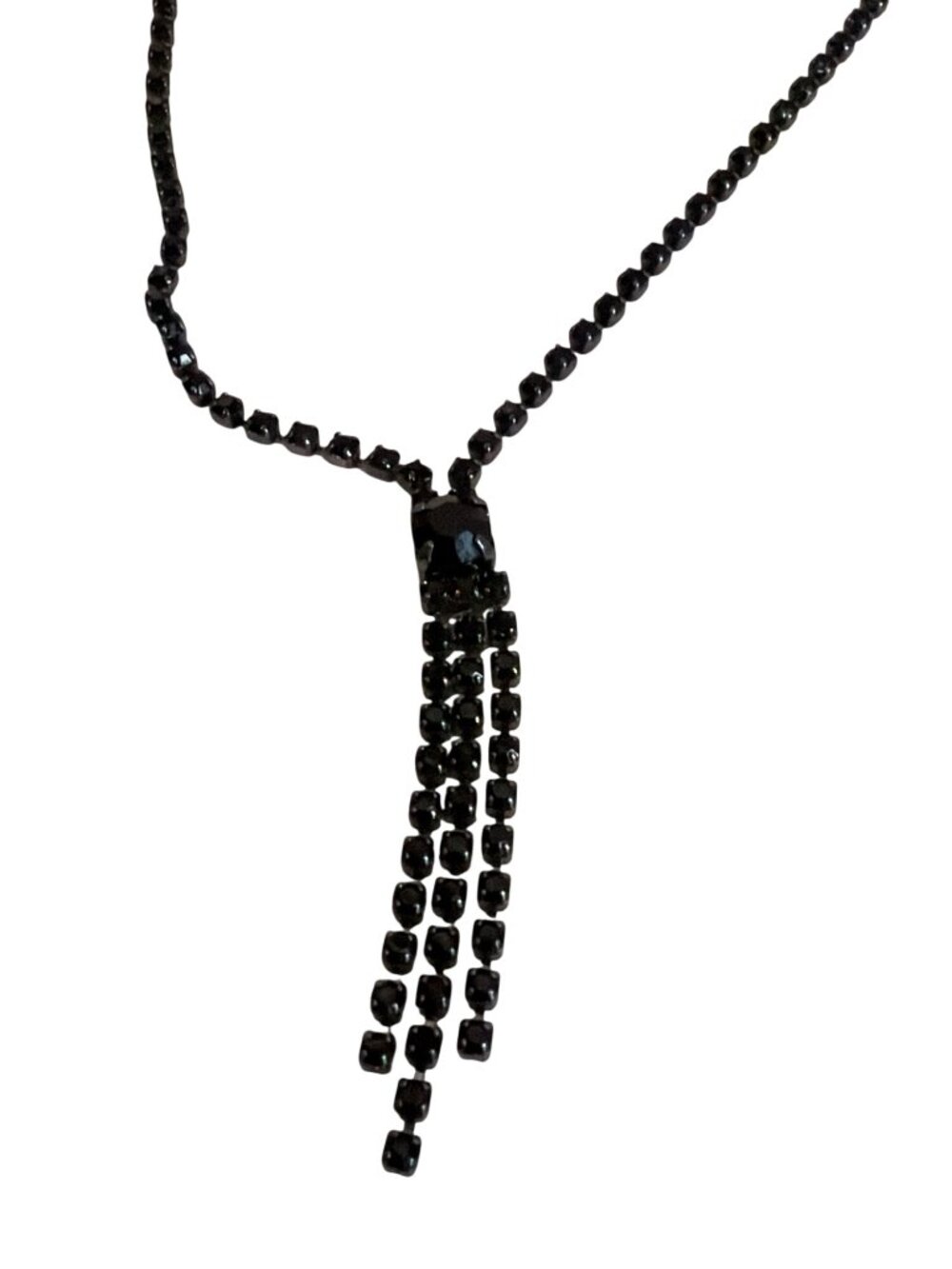 Gunmetal Gray Beaded Necklace Tassel Pendant Dainty Goth Rhinestone Elegant